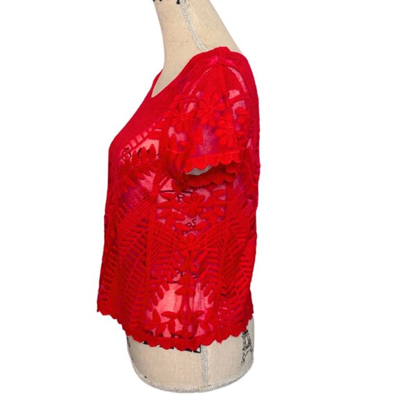 Express Embroidered Floral Sheer Lace Short Sleeve Top Red Size XS - Picture 2 of 9